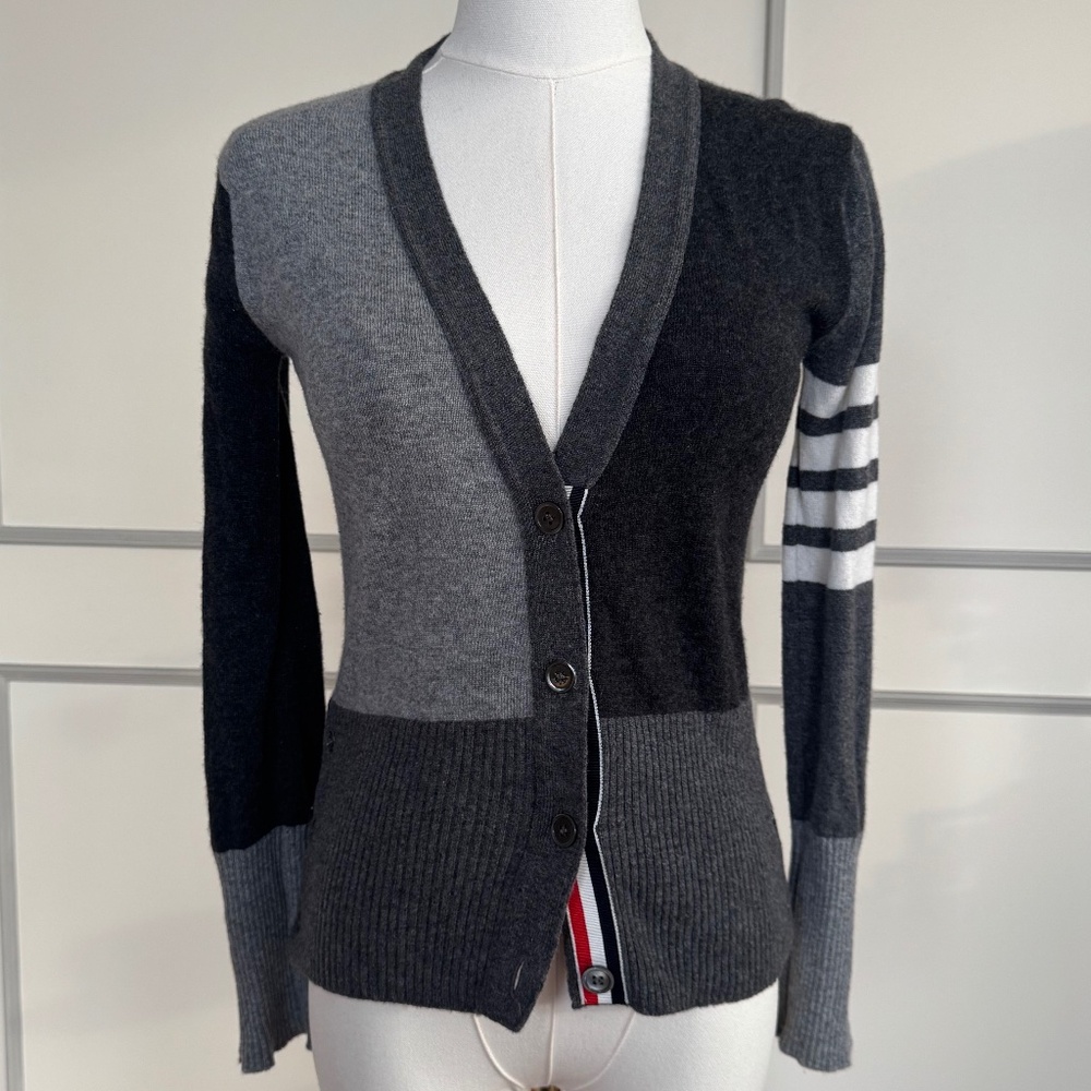 Thom Browne Women's Cashmere 4-Bar Intarsia Grey Colorblock Cardigan